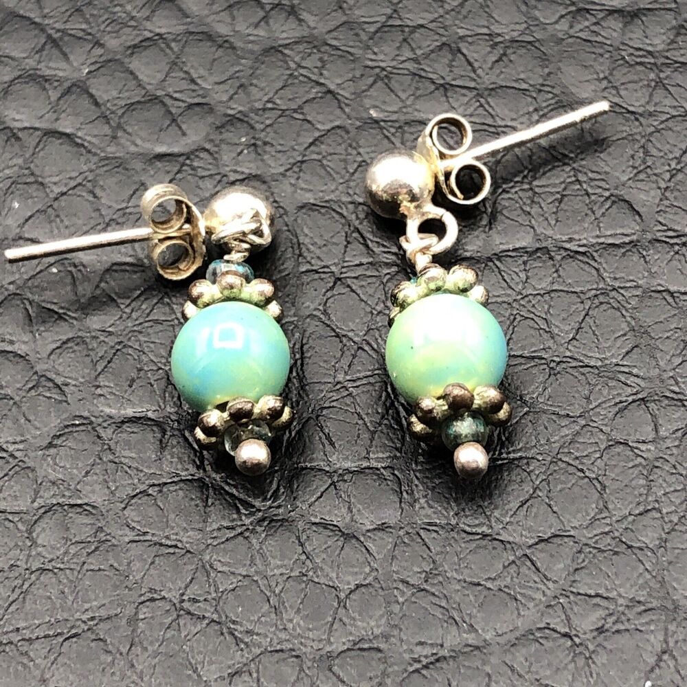Handmade 925‎ Sterling Silver Earrings Aqua Blue  Ceramic Bead Drop Dangles